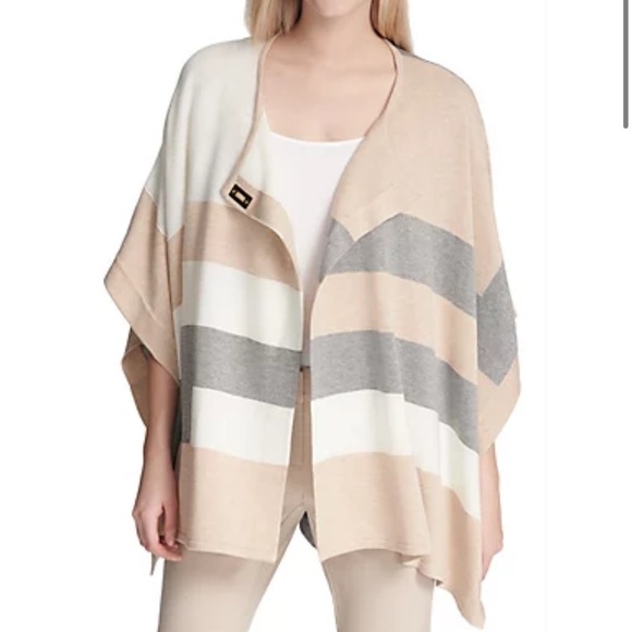 Calvin Klein Colorblock Poncho Creme grey  and Ivory neutral tones gold clasp OS - Picture 16 of 16